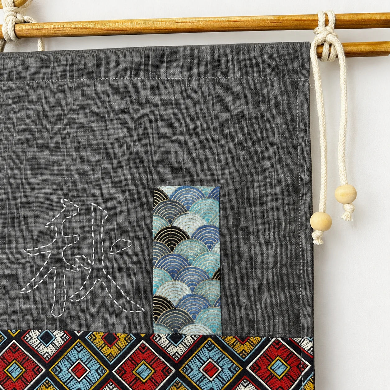 Détail appliqués tissu et broderie sur tenture