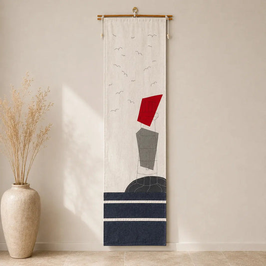 Tenture murale en lin dessin phare en broderie et appliqués coton